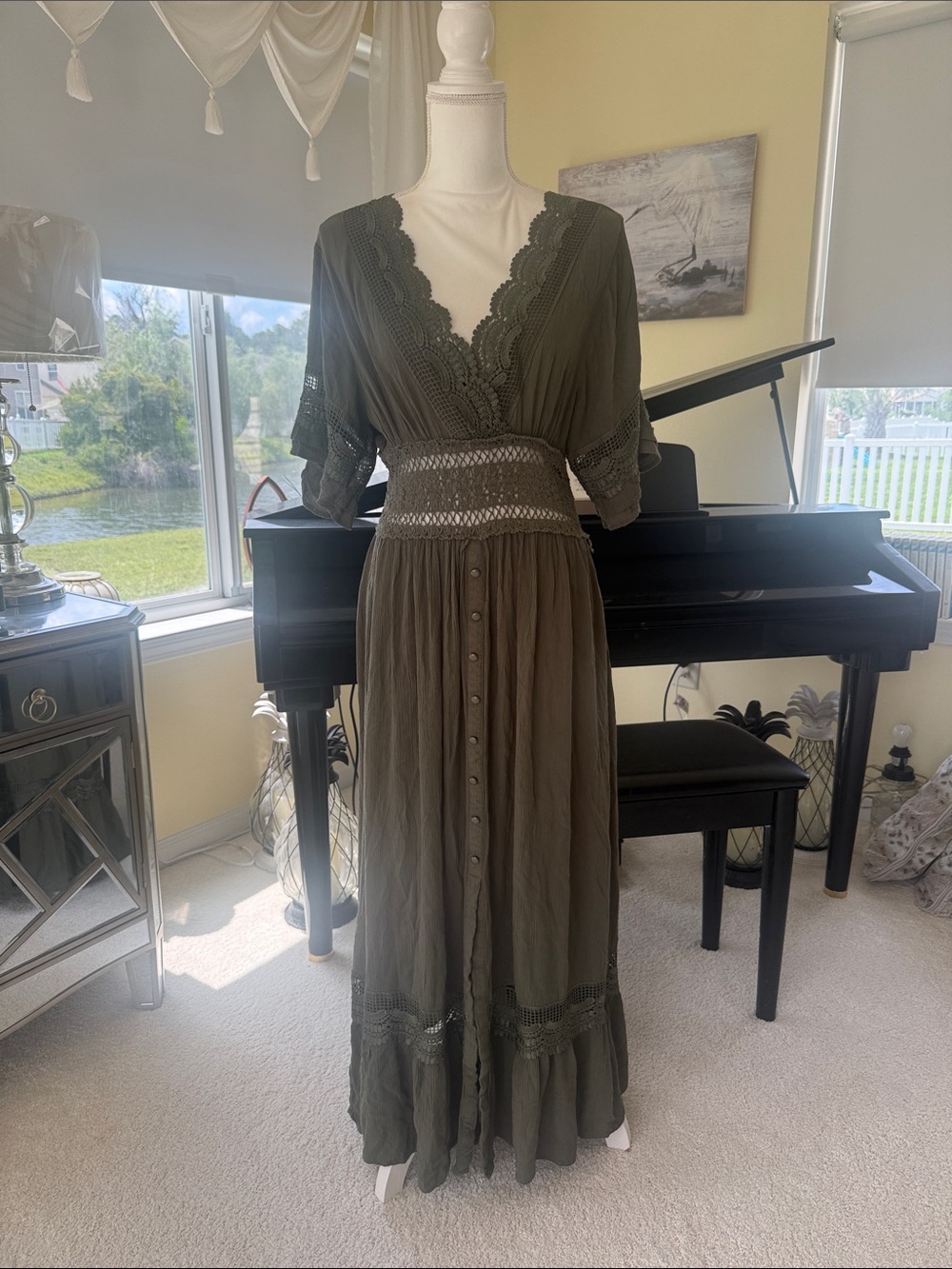 Faded Rose Romantic dark green maxi dress lace embroidery boho coastal cowgirl